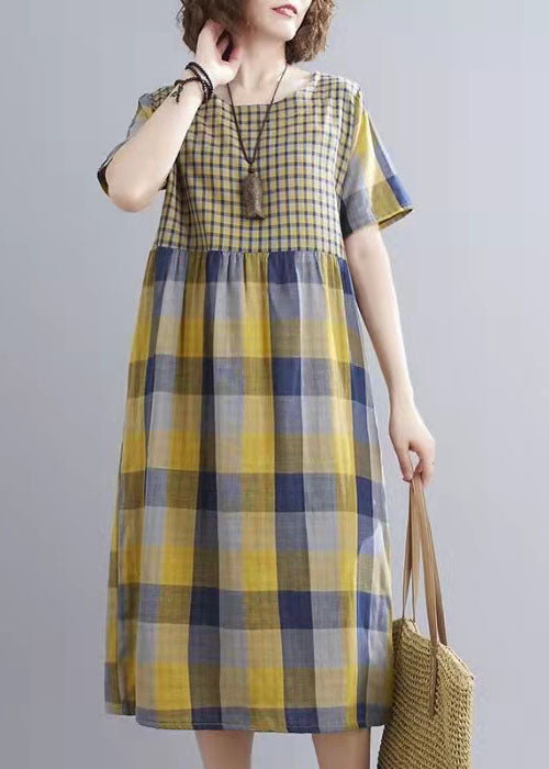 Yellow Plaid Pockets Patchwork Fall Holiday Dress Long Sleeve