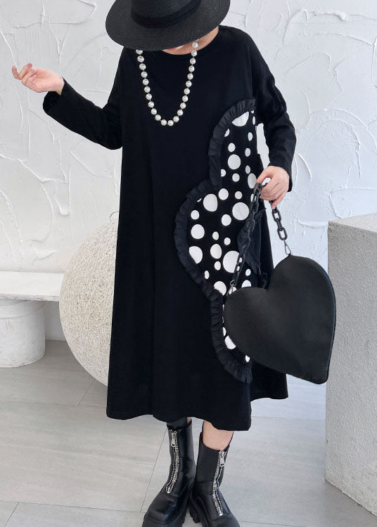 Italian Black Ruffled Patchwork Print Fall Ankle Dress Long Sleeve