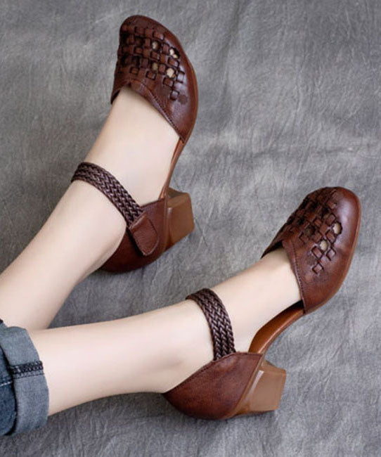 Buckle Strap Hollow Out Splicing Chunky Heel Brown Cowhide Leather