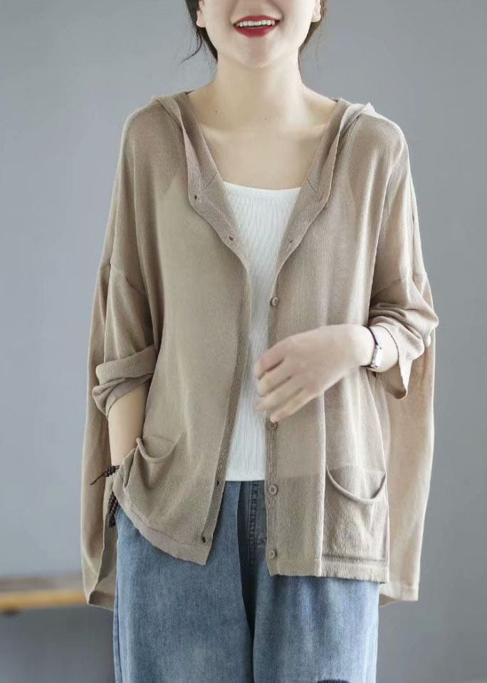 Modern Khaki Hooded Low High Design Pockets Linen Knit Upf 50+ Coat Summer