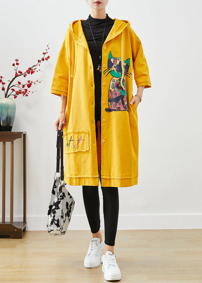 Yellow Hooded Cat Print Cotton Coat Outwear Fall