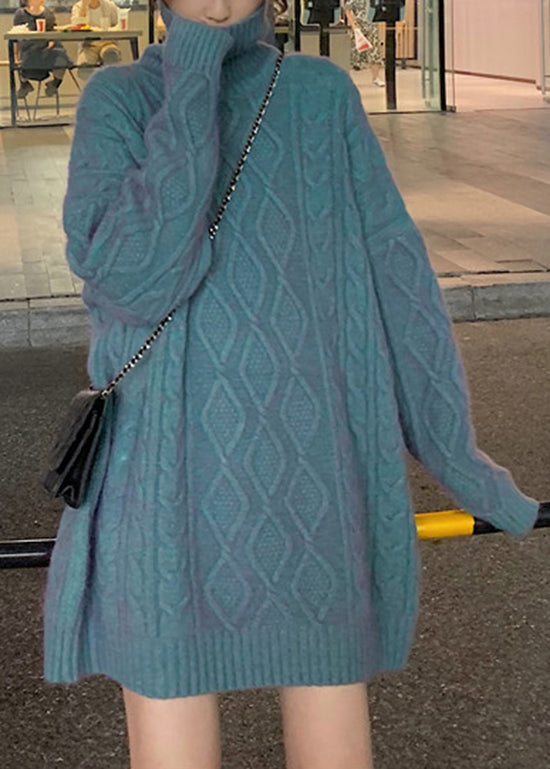 Blue Hign Neck Patchwork Cable Knit Sweater Dress Winter