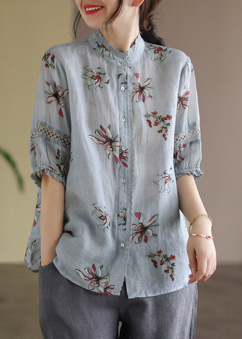 Boutique Grey Stand Collar Print Linen Shirt Tops Half Sleeve