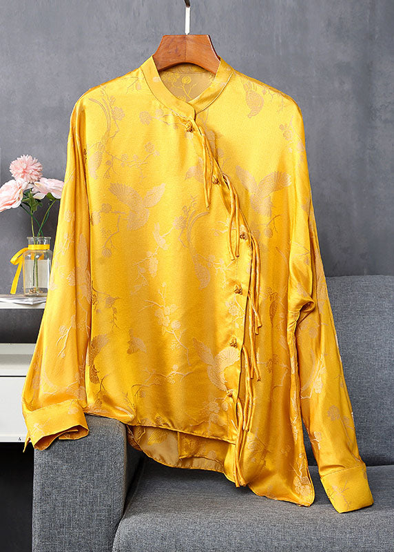 Yellow Stand Collar Button Jacquard Silk Tops Spring
