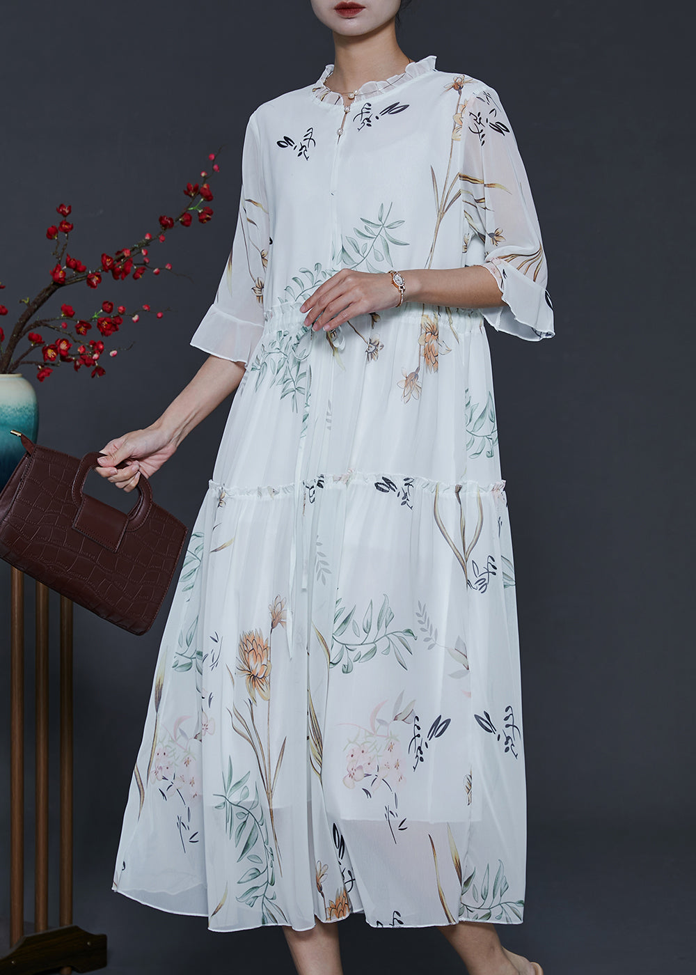 White Ruffled Print Chiffon Cinched Dresses Summer