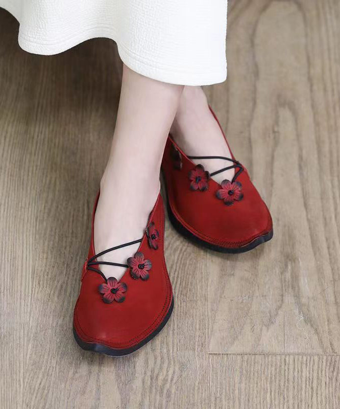 Handmade Comfy Flat Feet Shoes Red Cowhide Leather