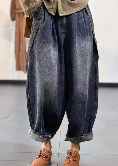 Diy Denim Blue Elastic Waist Pockets Cotton Harem Pants Spring