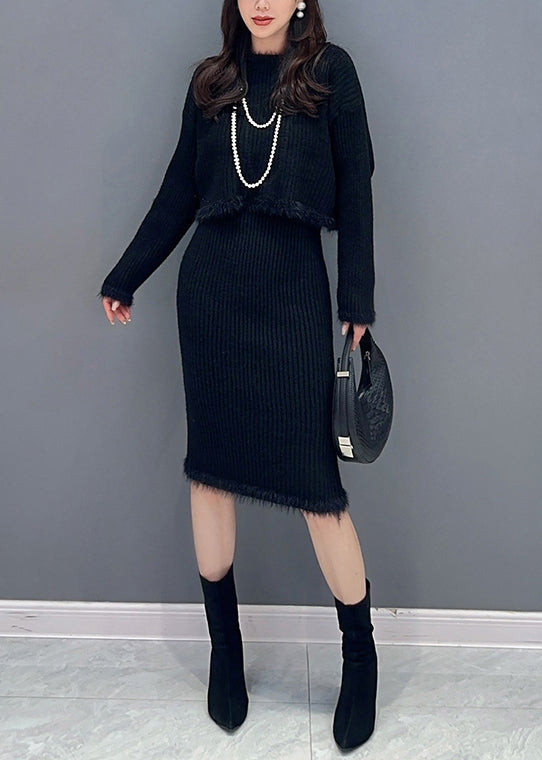 Slim Fit Black O Neck Patchwork Tops and Waistcoat Dress Knit Two Piece Set Fall