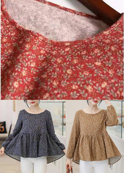 Retro Navy O-neck Print Loose Cotton Top Long Sleeve