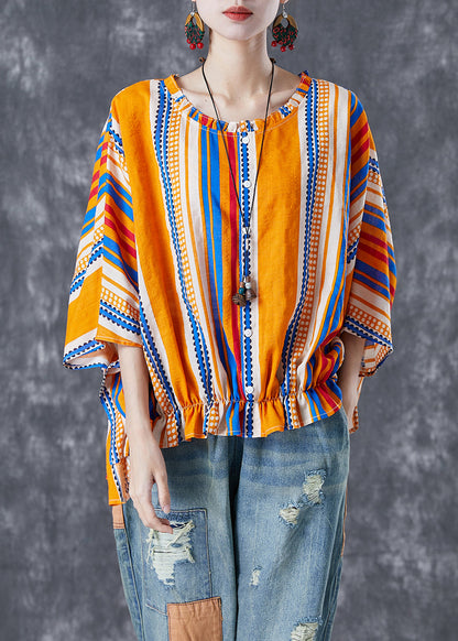 Yellow Oversized Striped Wrinkled Cotton Shirt Batwing Sleeve