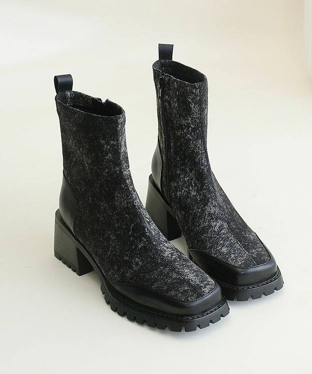 Blue Cowhide Leather Splicing Chunky Boots