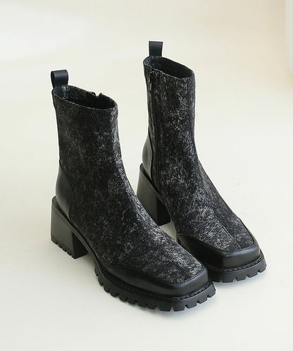 Blue Cowhide Leather Splicing Chunky Boots