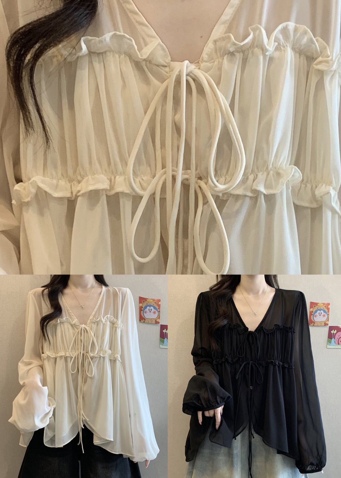 Black Ruffled Lace Up Fall Chiffon Blouses V Neck