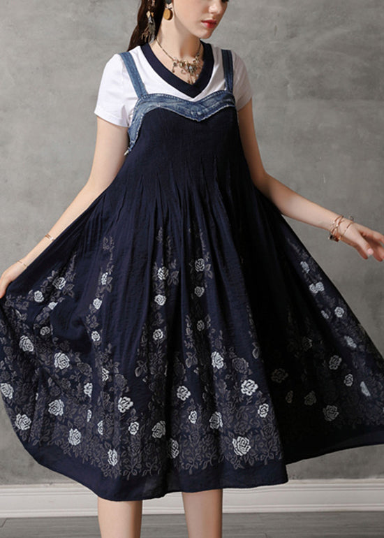 Fitted Navy Spaghetti Strap Print Patchwork Strapless Long Dress Summer
