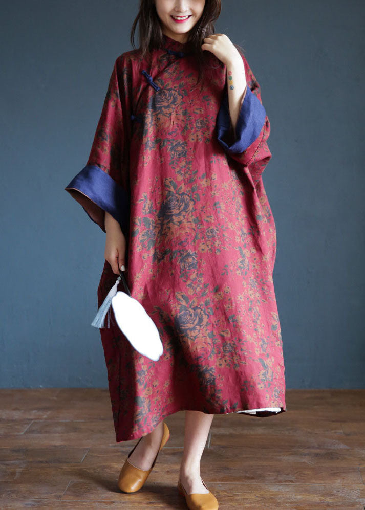 Red Print Chinese Style Cotton Long Dress Spring