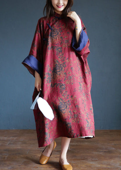Red Print Chinese Style Cotton Long Dress Spring