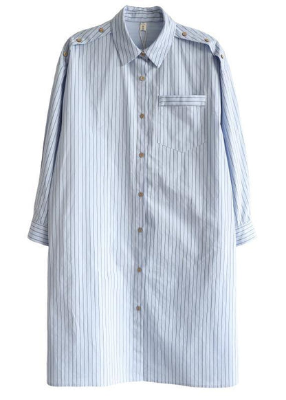 Blue Striped Cotton Long Sleeve Spring Dresses