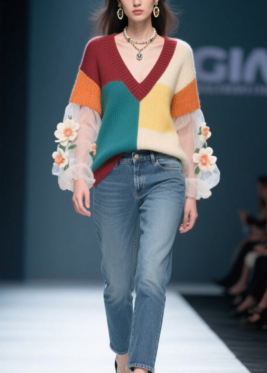 Colorblock Tulle Patchwork Knit Sweater Fall