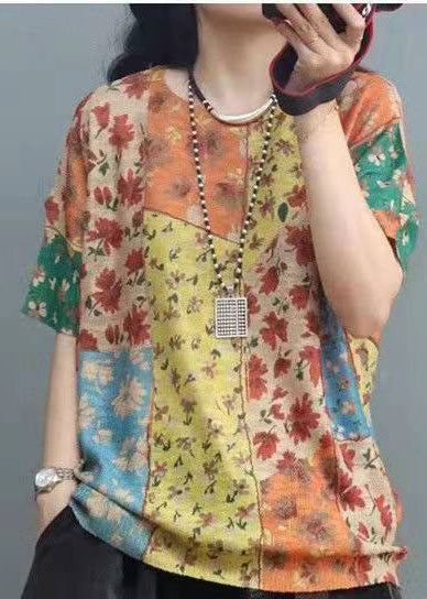 Print O-neck Cotton Top Short Sleeve