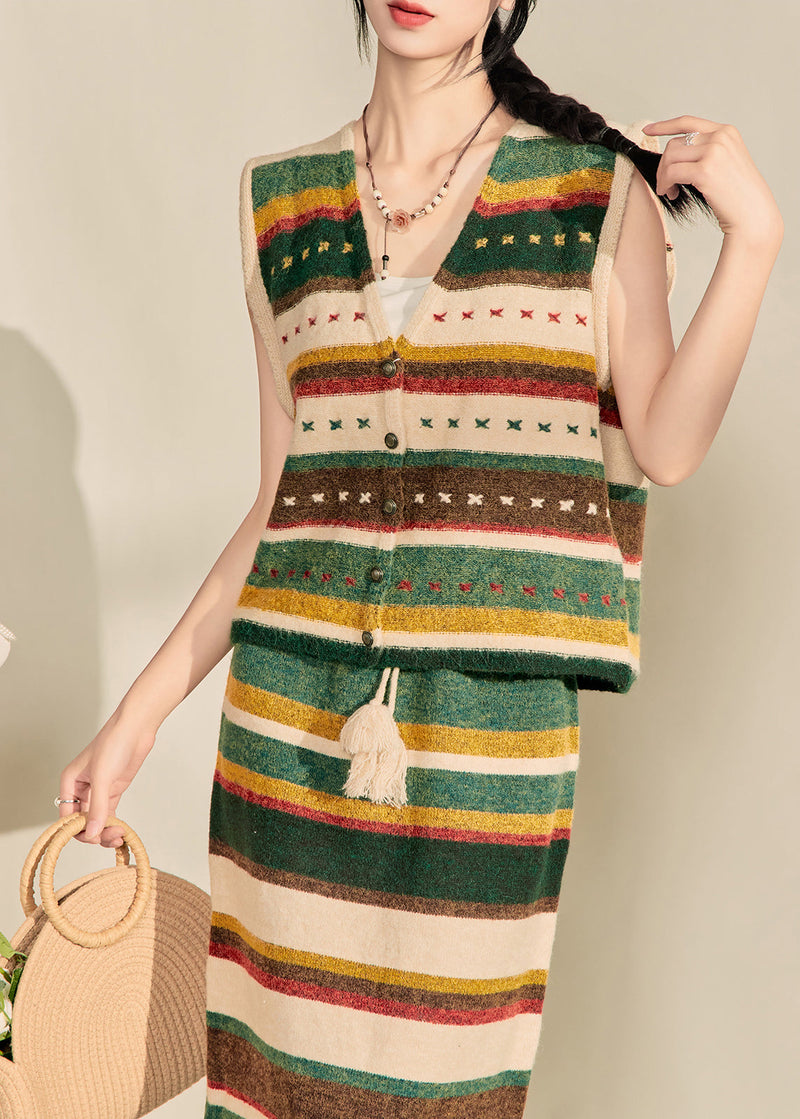 Colorblock V Neck Striped Knit Waistcoat and Maxi Skirts Two Piece Set Sleeveless