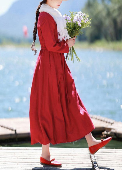 Red Quilting Clothes O Neck Drawstring Kaftan Spring Dresses