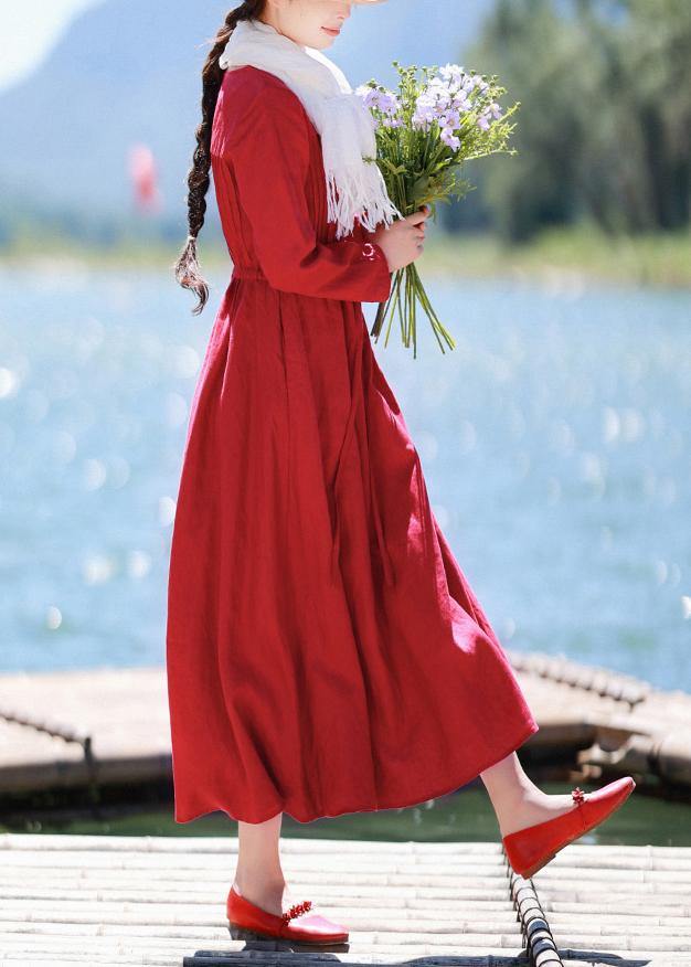 Red Quilting Clothes O Neck Drawstring Kaftan Spring Dresses
