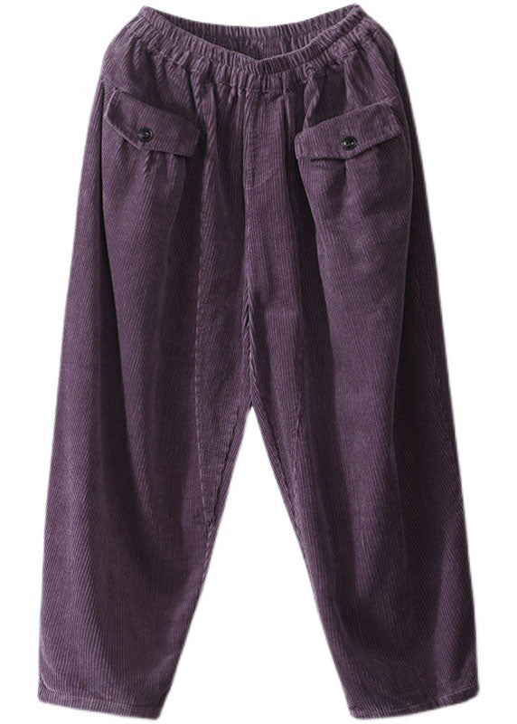 Natural Purple Retro Pockets Corduroy Fall Pants