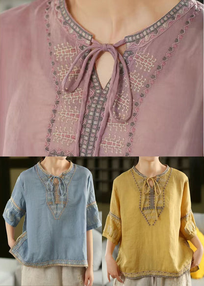Yellow Embroidered Tie Neck Linen Blouses Half Sleeve