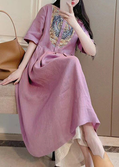 Purple Button Print Pockets Cotton Dresses Summer