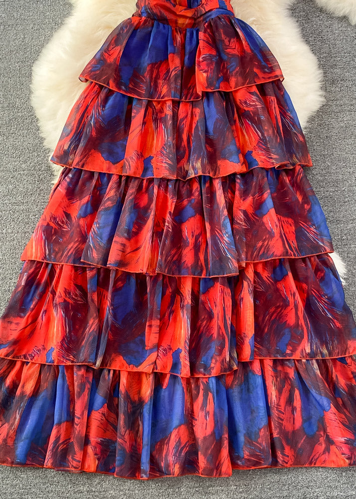 Diy Red V Neck Print Tie Dye Tunic Long Layered Dress Summer