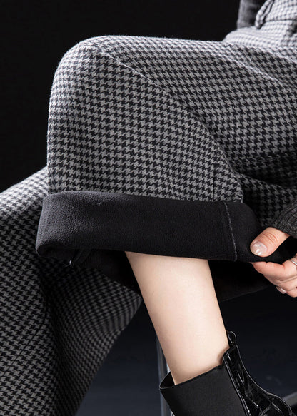 Fitted Grey Plaid Warm Fleece Wide Leg Pants Spring
