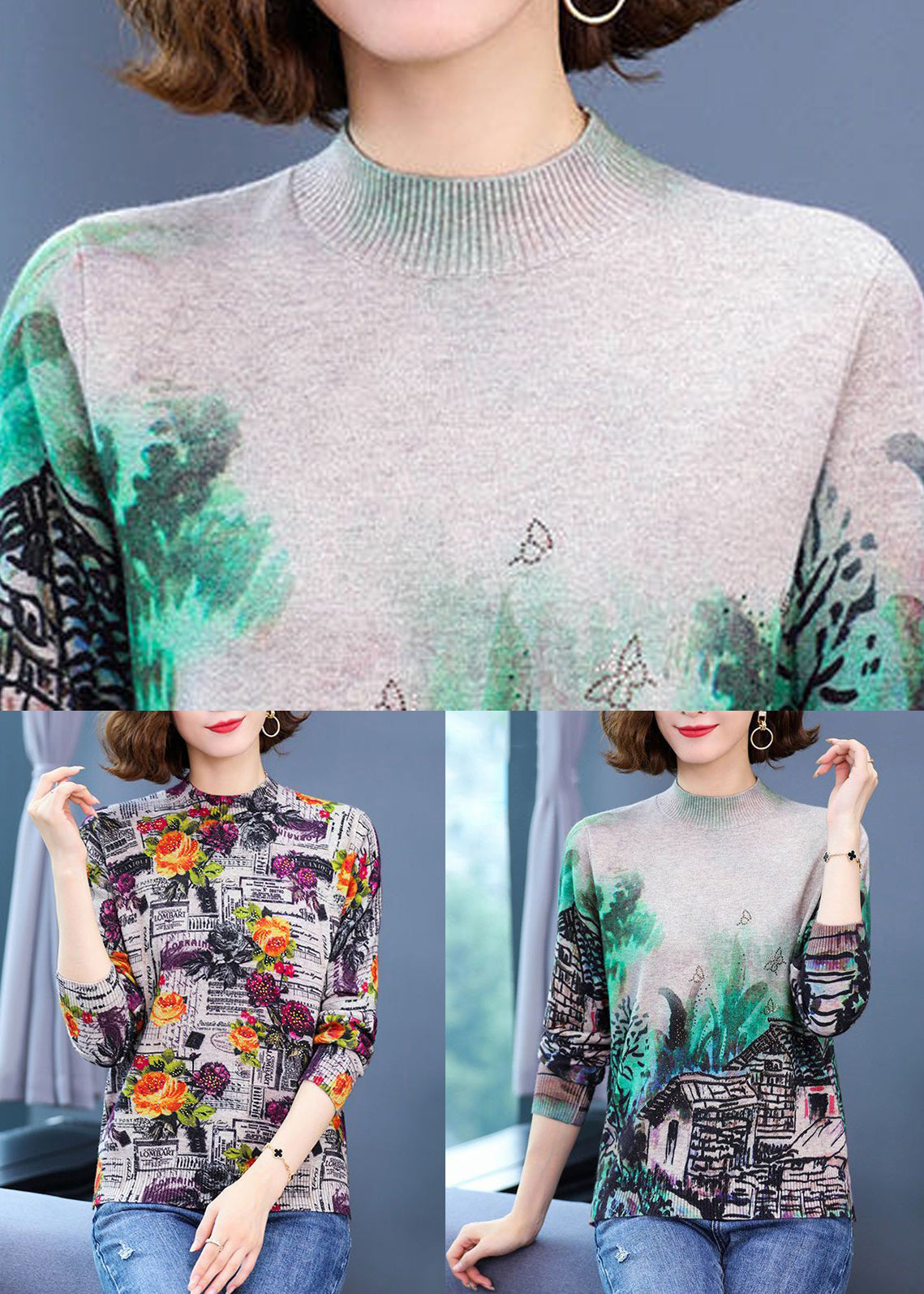 Yellow Print Patchwork Cotton Knit Top Spring