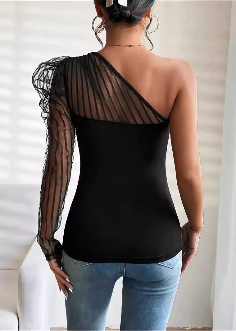 Summer Tulle Patchwork One Shoulder Long Sleeved T-shirt Top
