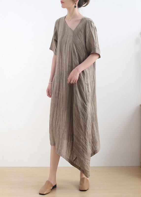 Diy Khaki Asymmetrical Design V Neck Long Summer Linen Dress