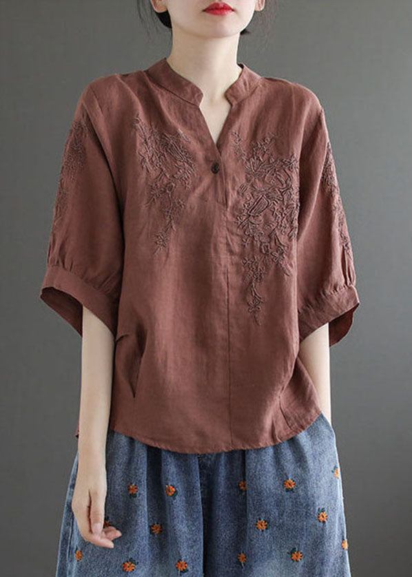 Chocolate V Neck Embroideried Wrinkled Linen Blouse Top Lantern Sleeve