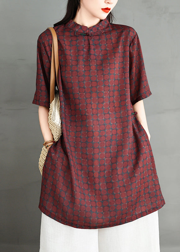 Red Stand Collar Print Side Open Cotton Dress Summer