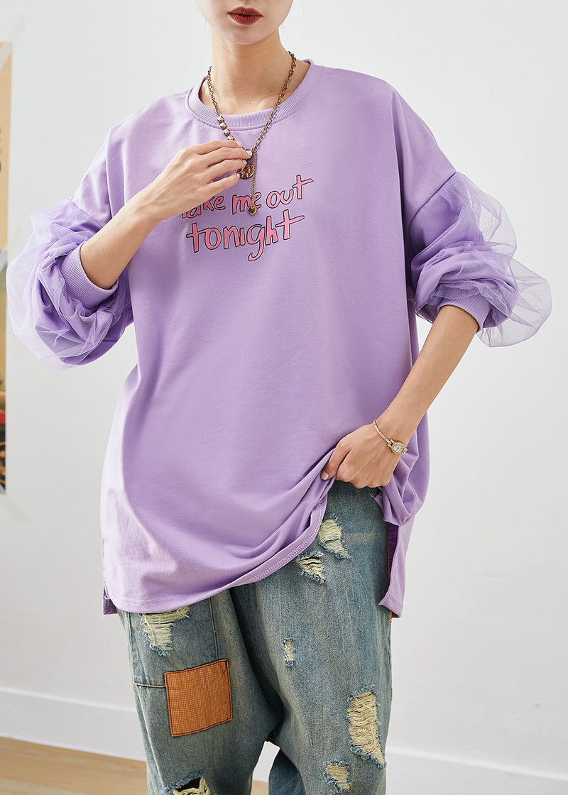 Art Purple Oversized Patchwork Cotton Pullover Fall