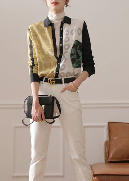Colorblock Peter Pan Collar Button Print Silk Shirt Spring