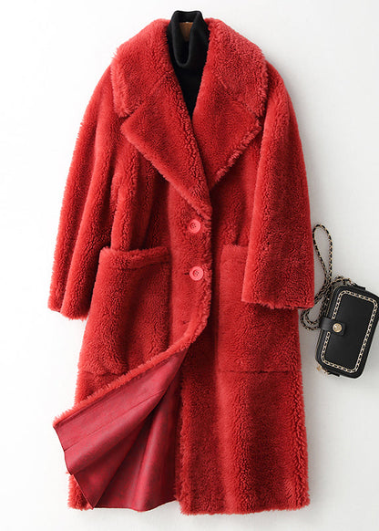 Red V Neck Button Wool Coat Winter