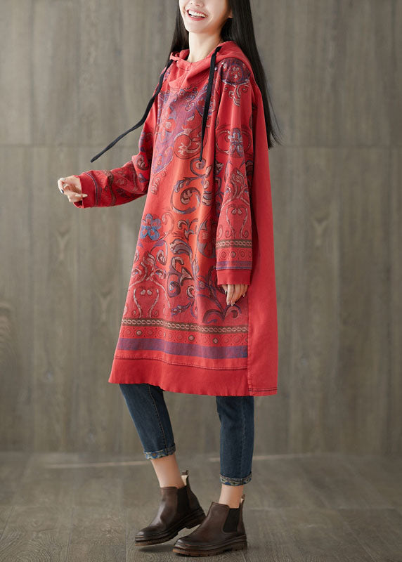 Red Print Sweatshirt Dresses Drawstring Spring