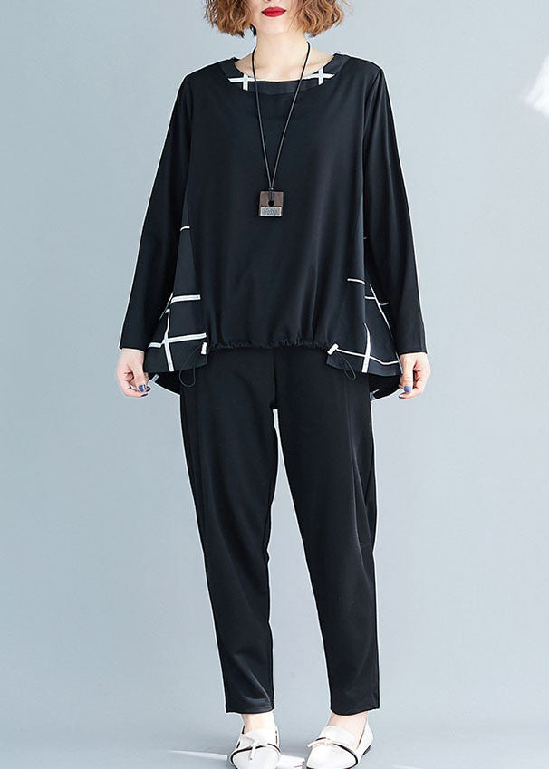 Stylish Black O-neck Drawstring Patchwork Plaid Cotton Loose Sweatshirts Top Spring