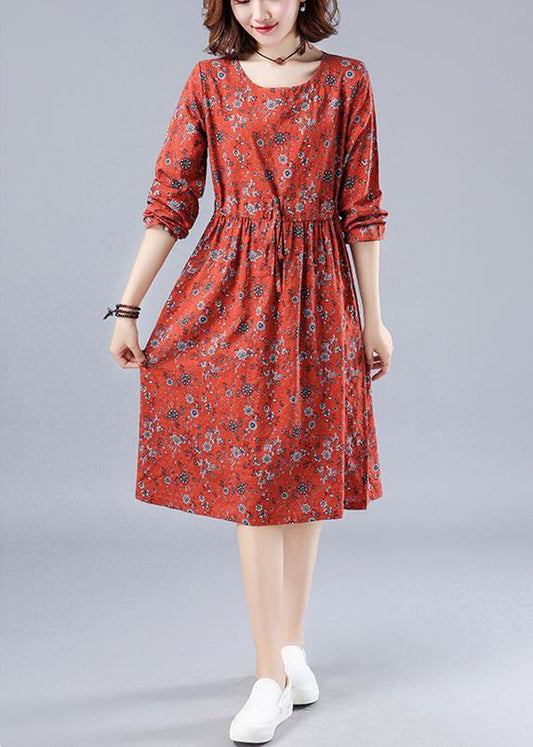 Red Print Wardrobes O Neck Drawstring Loose Spring Dresses