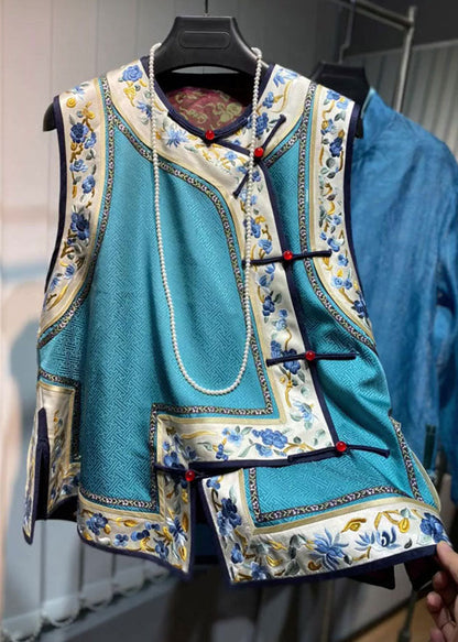 Loose Blue O-neck Embroideried Patchwork Silk Waistcoat Fall