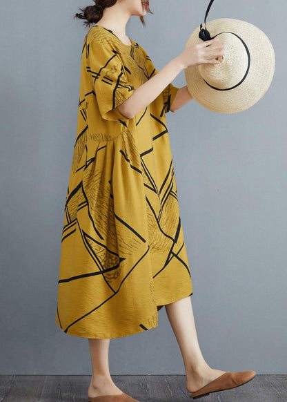 Yellow Print Pockets Cotton Linen Long Summer Dress