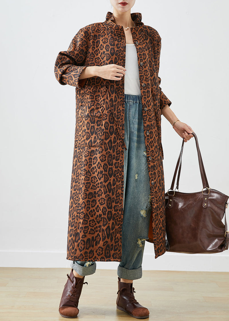 Oversized Leopard Print Cotton Trench Coats Fall