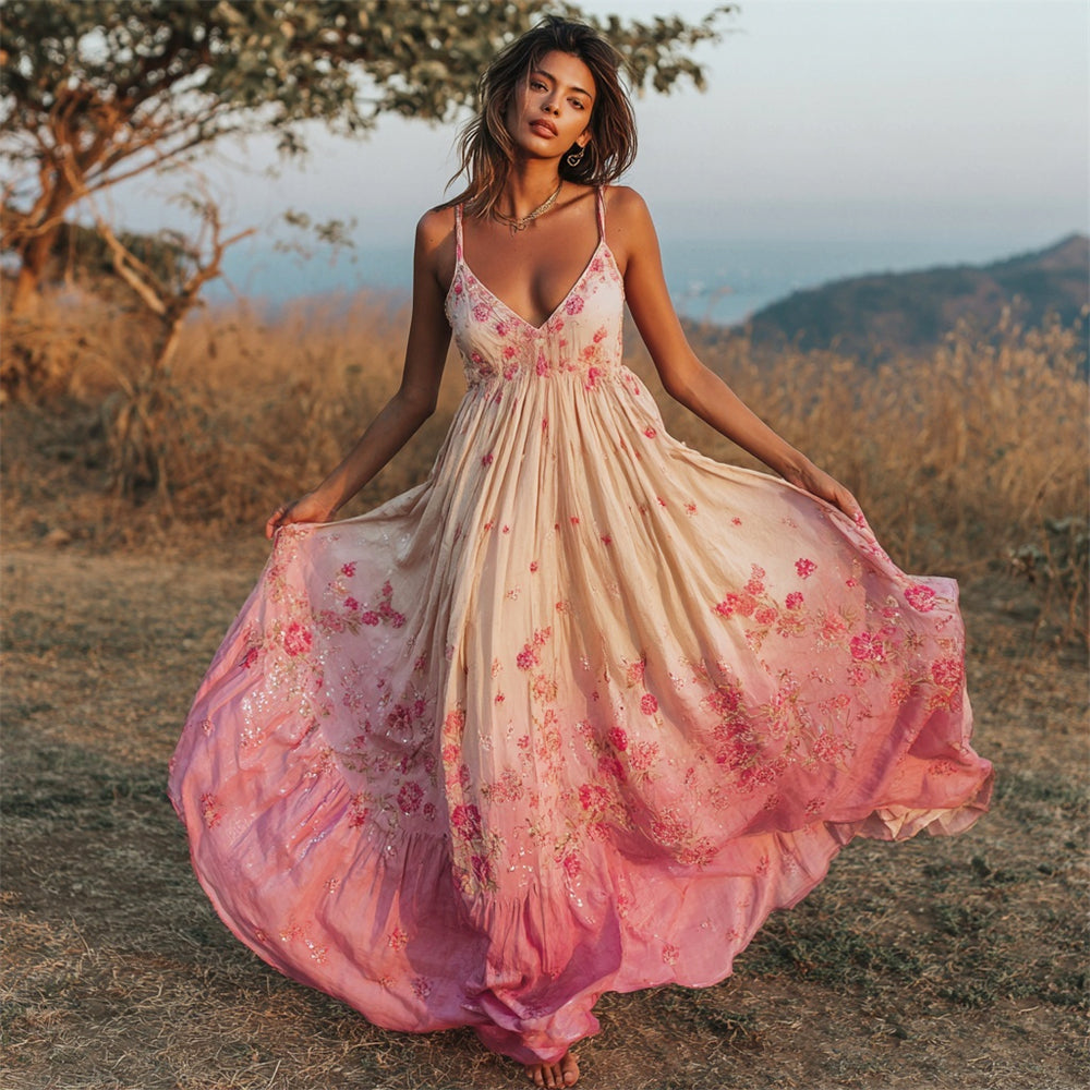 Boho Vintage Floral Embroidery Women's Spaghetti Strap Maxi Dress artswardrobe