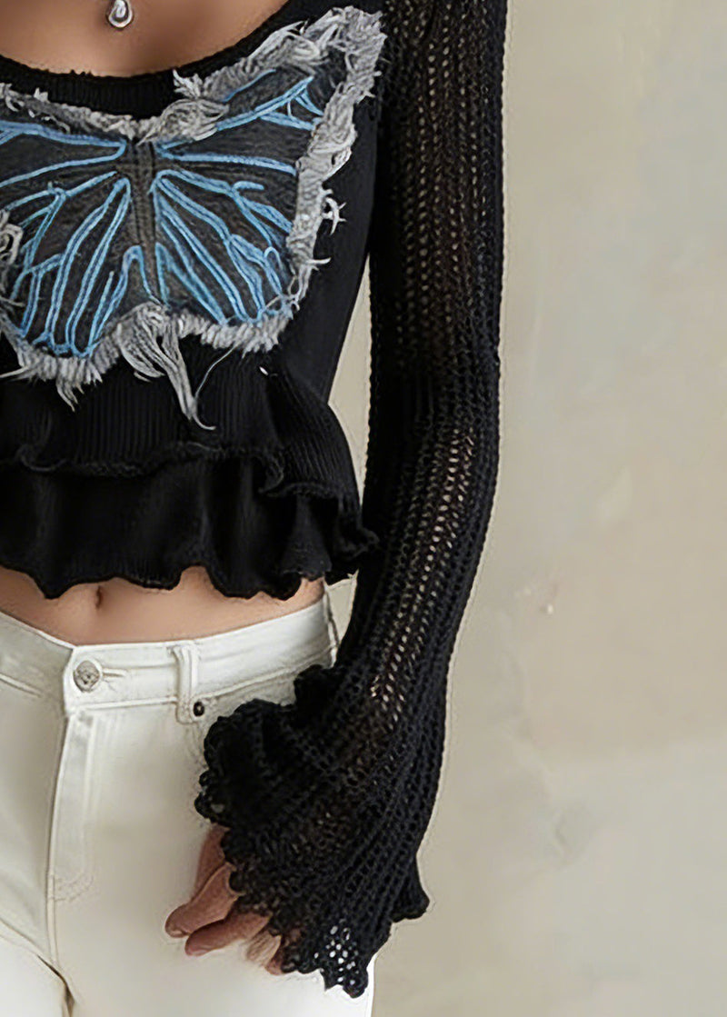Black O-neck Butterfly Knit Sweater Flare Sleeve