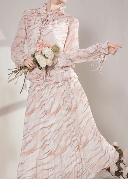 Ruffled Striped Chiffon Shirts and Maxi Skirts Two-piece Set Fall