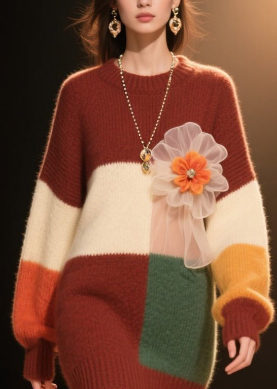 Colorblock O Neck Knit Dress Winter