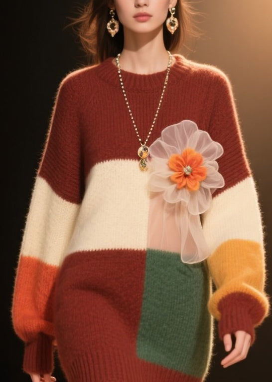 Colorblock O Neck Knit Dress Winter